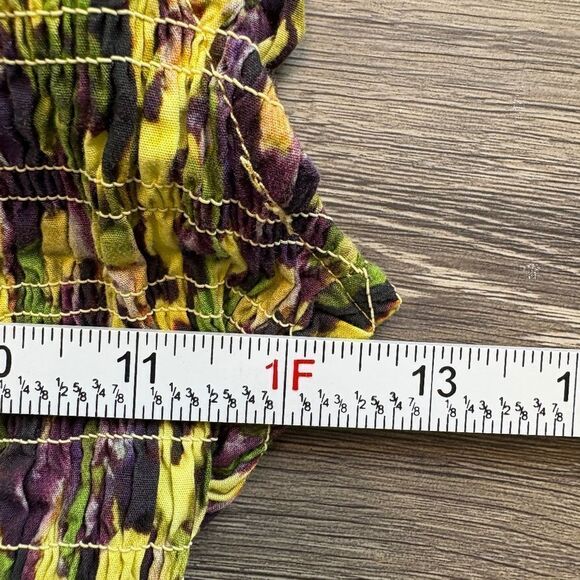 O.P.T  Midi Dress Smock Floral Watercolor Yellow Purple V-Neck Size Small - Picture 7 of 11